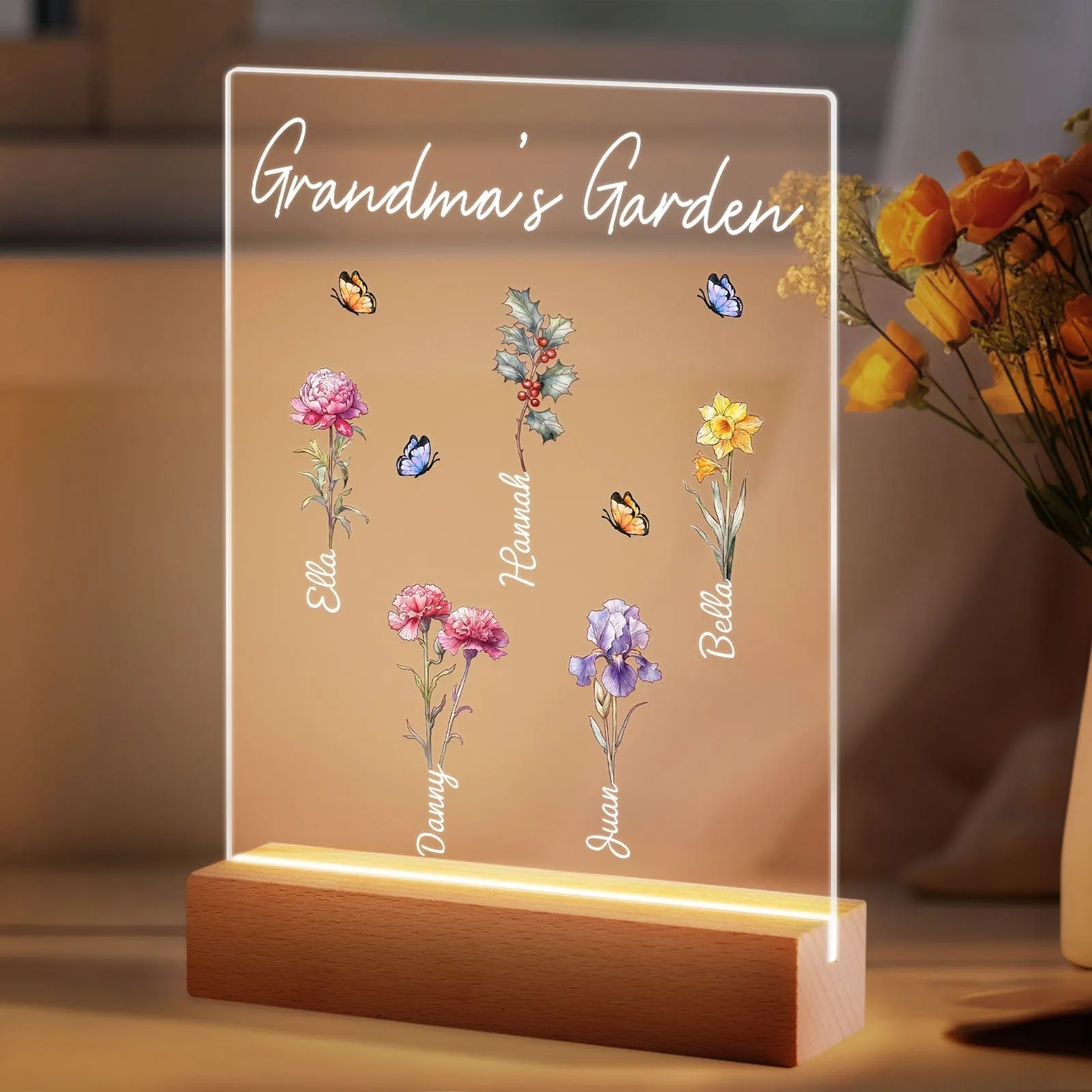 Personalized Grandma's Garden Night Light Birth Month Flower Gift for Her