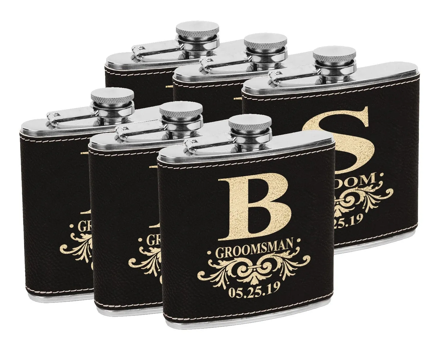 Personalized Monogram Initial Engraved Gold Black Flask for Man Woman's Birthday Gift For Husband Leather Custom Gifts Wedding Bridal Shower