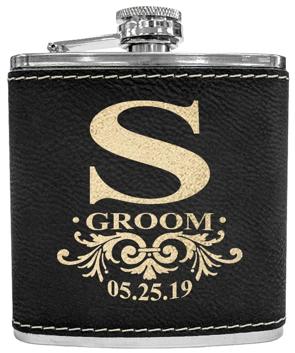 Personalized Monogram Initial Engraved Gold Black Flask for Man Woman's Birthday Gift For Husband Leather Custom Gifts Wedding Bridal Shower