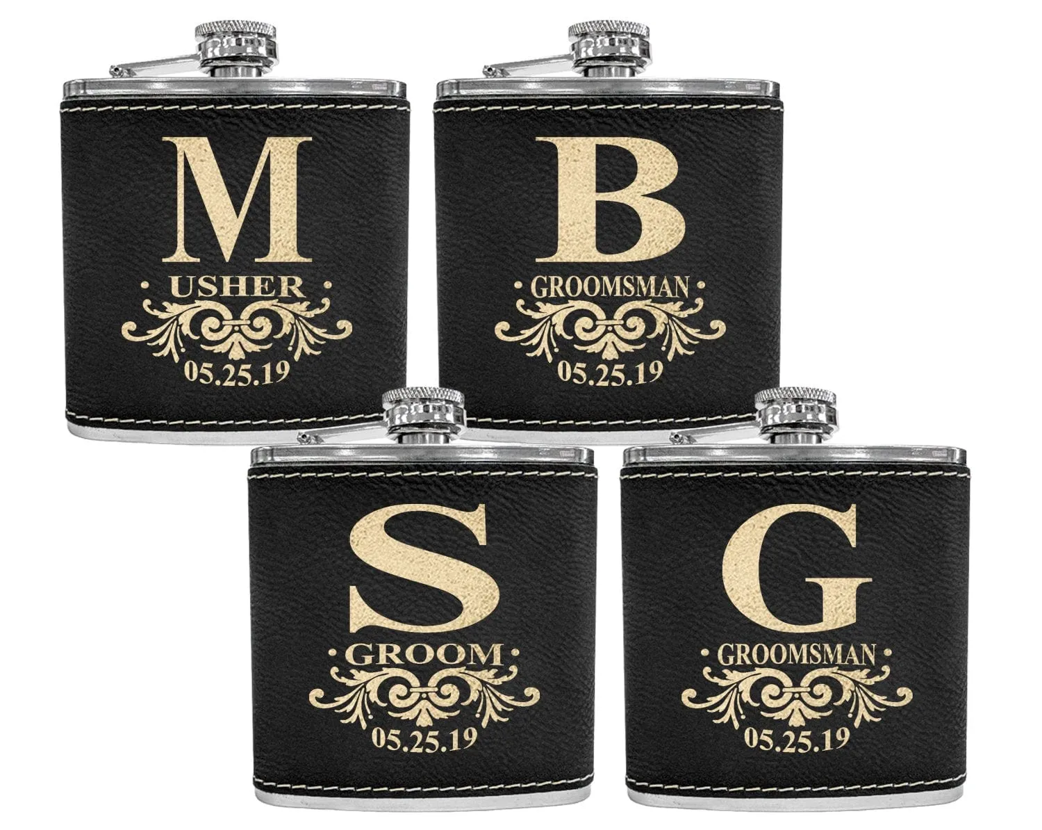 Personalized Monogram Initial Engraved Gold Black Flask for Man Woman's Birthday Gift For Husband Leather Custom Gifts Wedding Bridal Shower