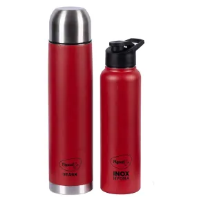 Pigeon by Stovekraft Therminox Stark Plus Vacuum Insulated Flask 1000ml Red   INOX Hydra Red Single Walled Fridge Bottle 900ml Bottle Combo, (Red)|Leak Proof|Kitchen|Travel|Office|Gym|Home|Hiking