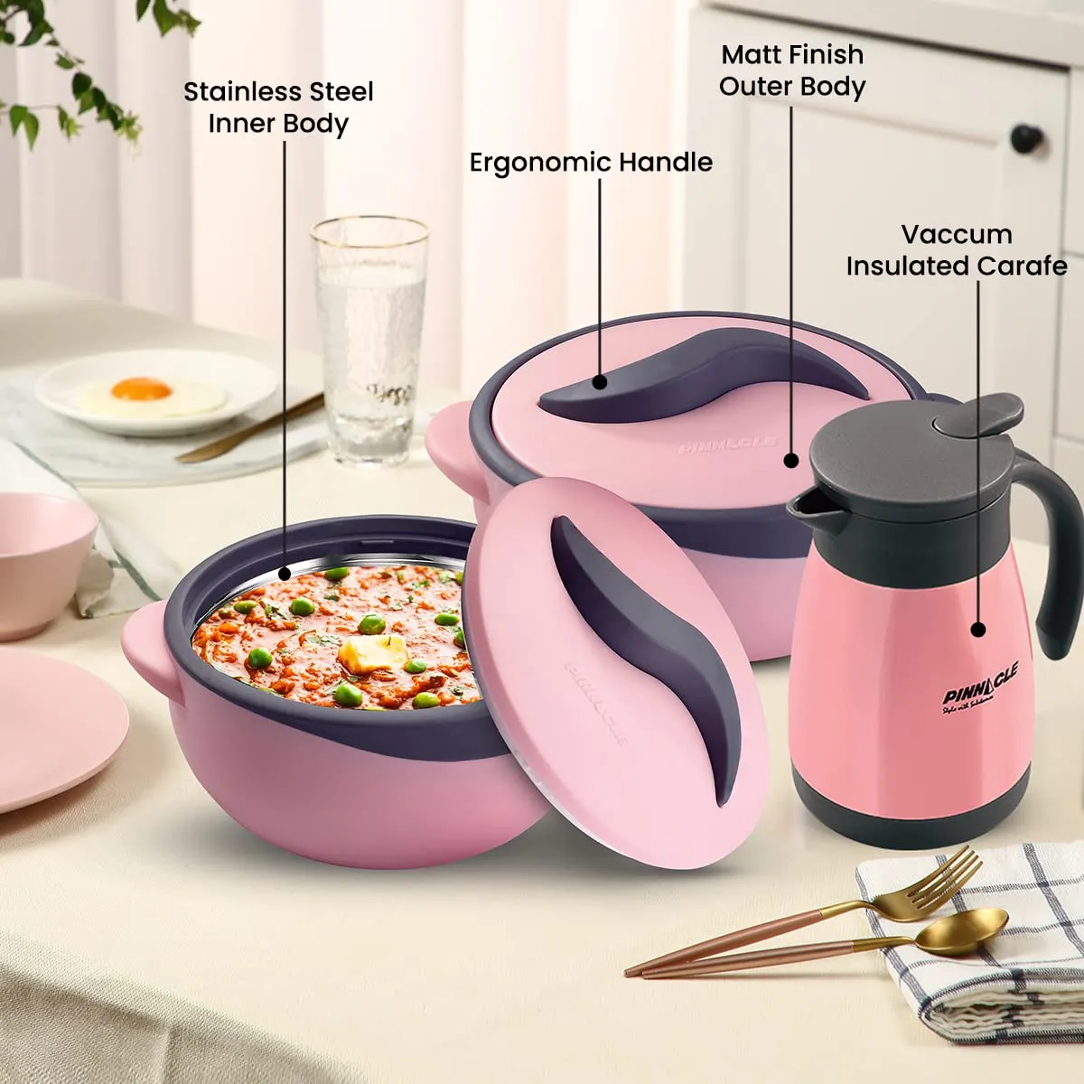 Pinnacle Parisa Vaccum Insulated Carafe & Inner Stainless Steel Casserole Set of 3 | 1000ml, 1500ml | 500ml Carafe | Hot Box | Roti Box | Thermos Flask | Pink