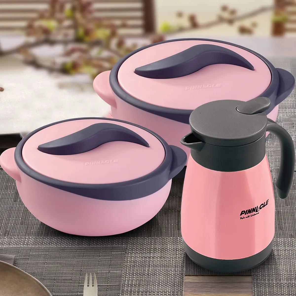 Pinnacle Parisa Vaccum Insulated Carafe & Inner Stainless Steel Casserole Set of 3 | 1000ml, 1500ml | 500ml Carafe | Hot Box | Roti Box | Thermos Flask | Pink