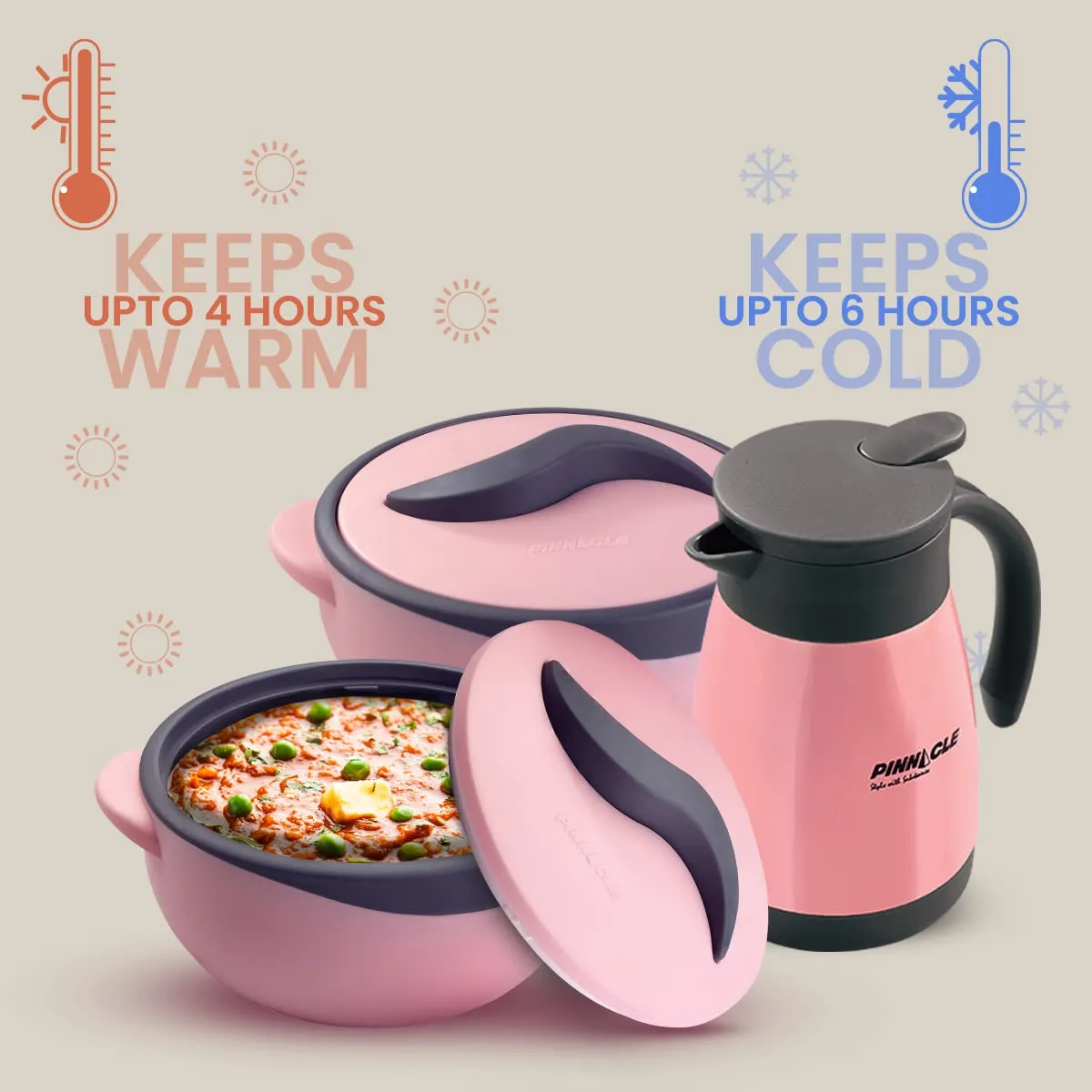 Pinnacle Parisa Vaccum Insulated Carafe & Inner Stainless Steel Casserole Set of 3 | 1000ml, 1500ml | 500ml Carafe | Hot Box | Roti Box | Thermos Flask | Pink