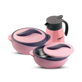 Pinnacle Parisa Vaccum Insulated Carafe & Inner Stainless Steel Casserole Set of 3 | 1000ml, 1500ml | 500ml Carafe | Hot Box | Roti Box | Thermos Flask | Pink