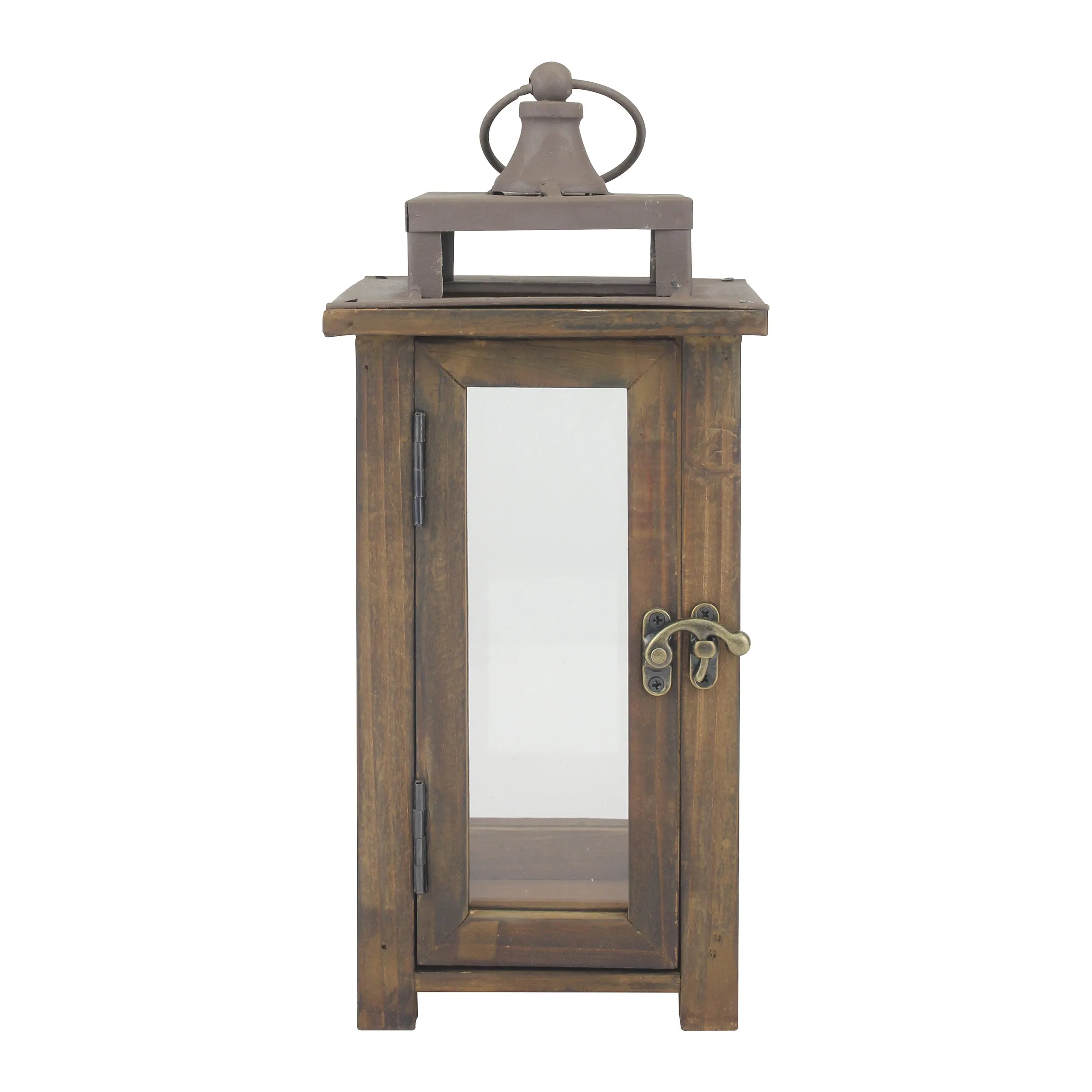 Rustic Wooden Hurricane Candle Lantern with Handle and Hinged Door