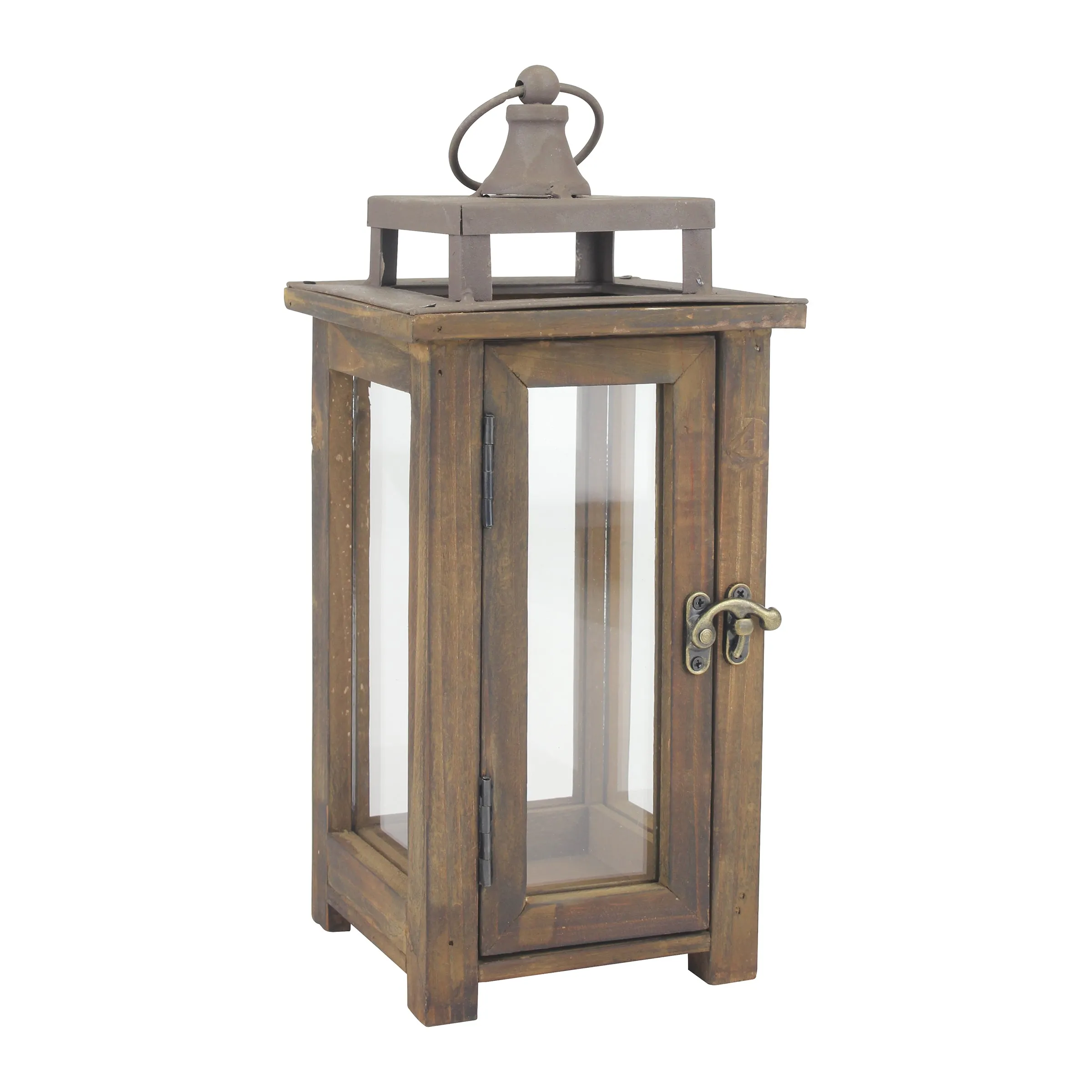 Rustic Wooden Hurricane Candle Lantern with Handle and Hinged Door