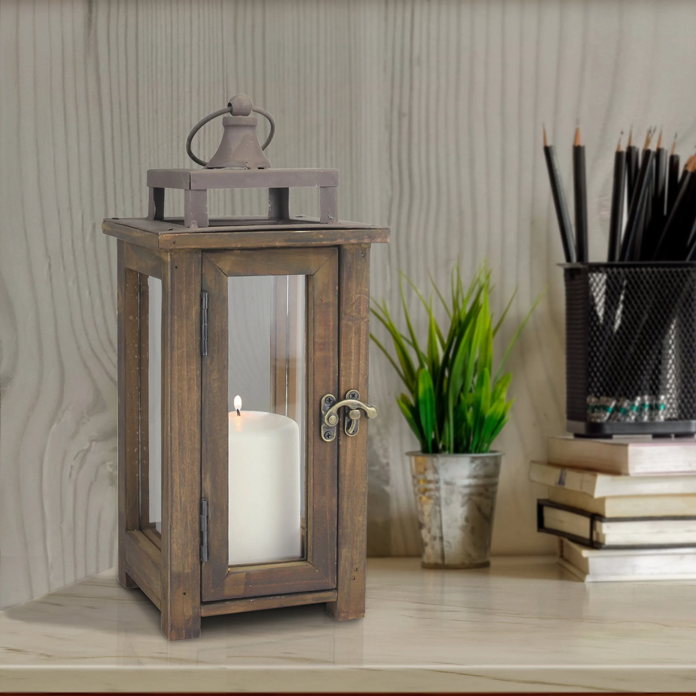 Rustic Wooden Hurricane Candle Lantern with Handle and Hinged Door