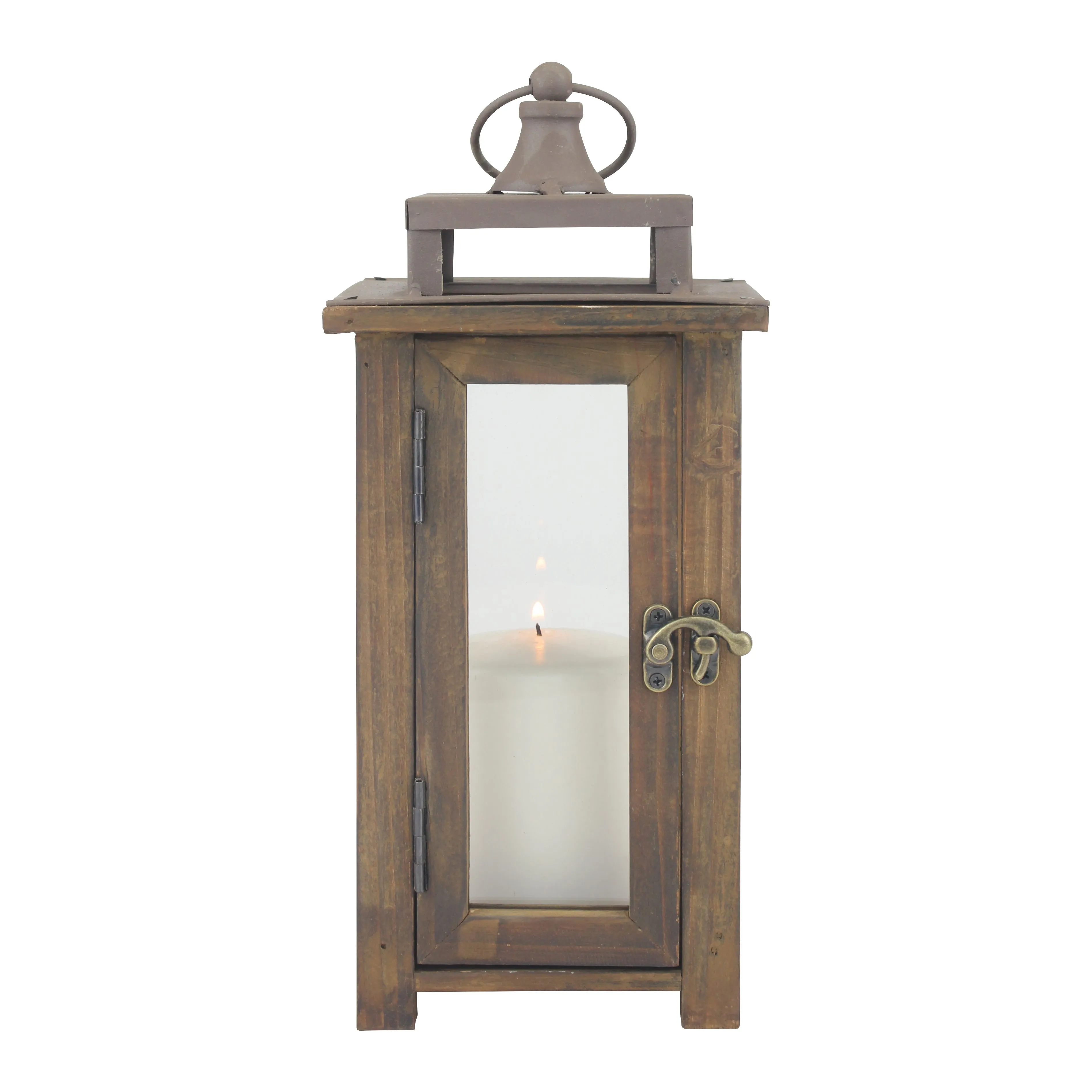 Rustic Wooden Hurricane Candle Lantern with Handle and Hinged Door