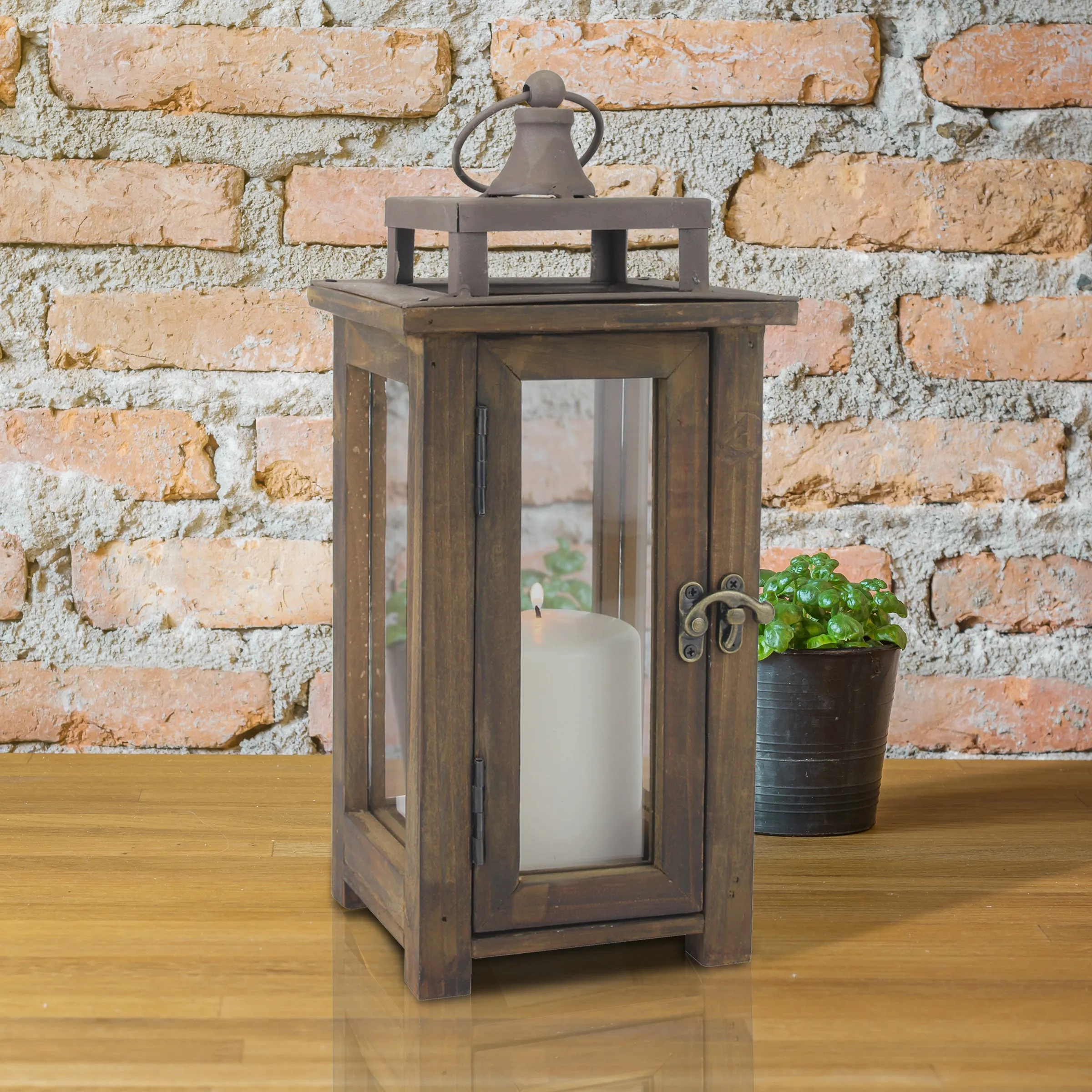 Rustic Wooden Hurricane Candle Lantern with Handle and Hinged Door