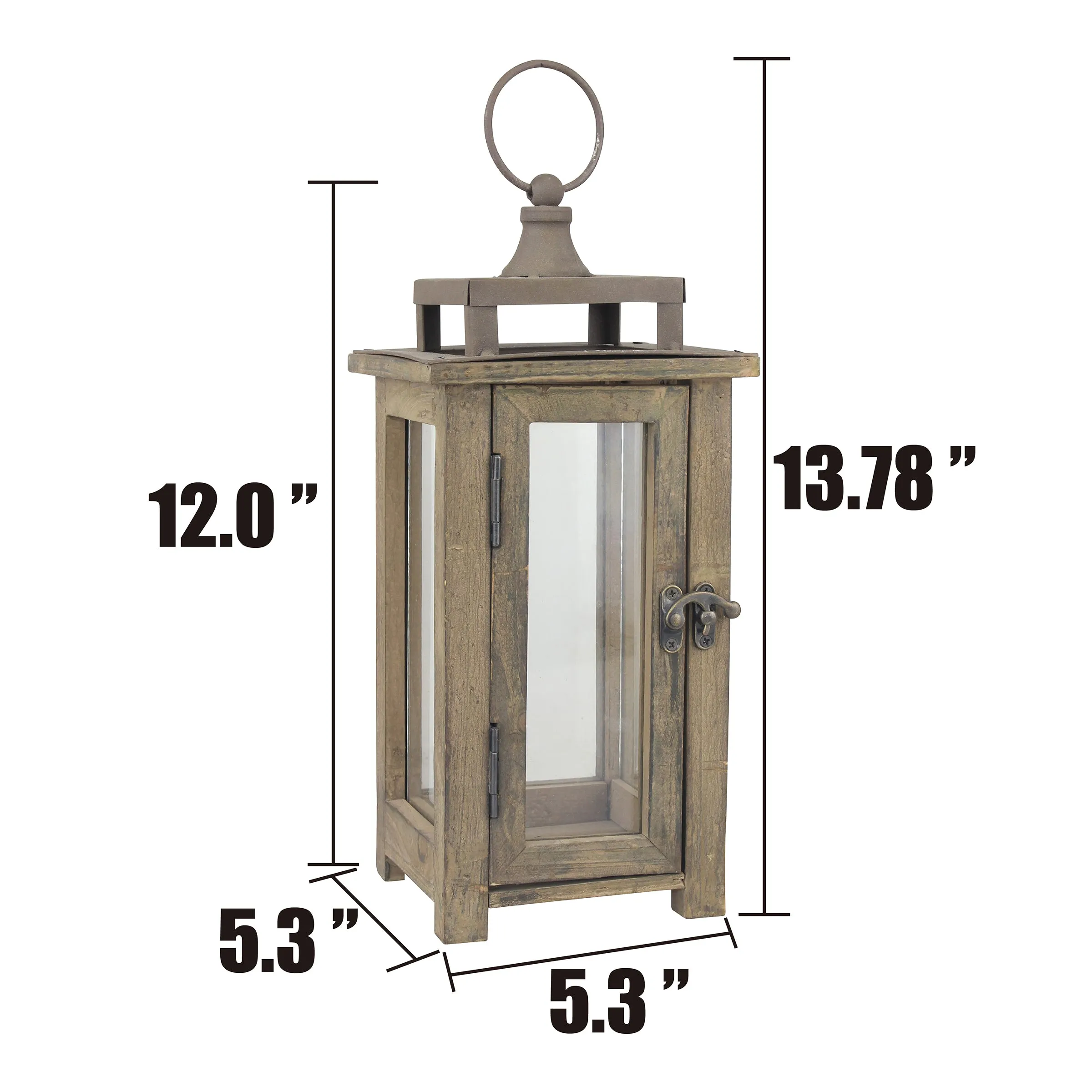 Rustic Wooden Hurricane Candle Lantern with Handle and Hinged Door