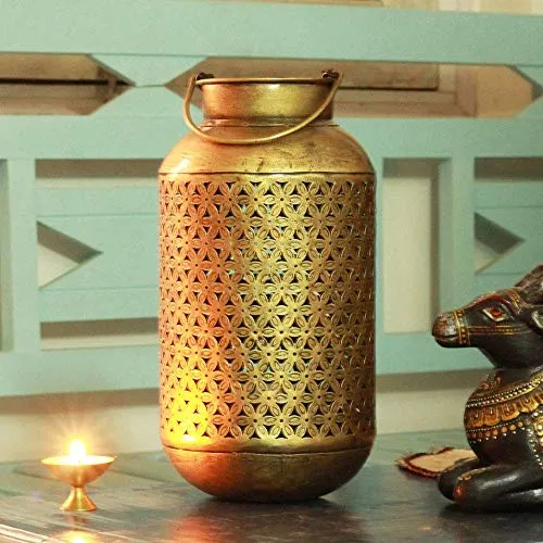 SADHUBELA Iron Brass Lantern (burni lantern: 15 x 32 cm, hanger: 18 x 2 x18 cm, brass chain: 10 cm, brass bells: 2.5 x 4 cm, brass diya: 5.5 x 4.5 cm, Antique Golden)