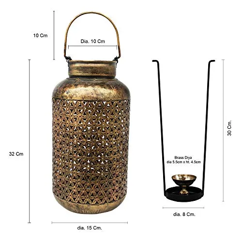 SADHUBELA Iron Brass Lantern (burni lantern: 15 x 32 cm, hanger: 18 x 2 x18 cm, brass chain: 10 cm, brass bells: 2.5 x 4 cm, brass diya: 5.5 x 4.5 cm, Antique Golden)