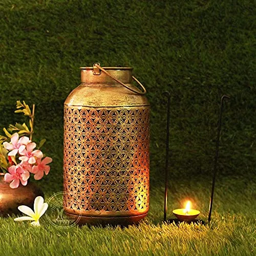 SADHUBELA Iron Brass Lantern (burni lantern: 15 x 32 cm, hanger: 18 x 2 x18 cm, brass chain: 10 cm, brass bells: 2.5 x 4 cm, brass diya: 5.5 x 4.5 cm, Antique Golden)