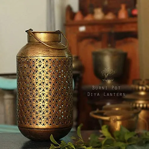 SADHUBELA Iron Brass Lantern (burni lantern: 15 x 32 cm, hanger: 18 x 2 x18 cm, brass chain: 10 cm, brass bells: 2.5 x 4 cm, brass diya: 5.5 x 4.5 cm, Antique Golden)