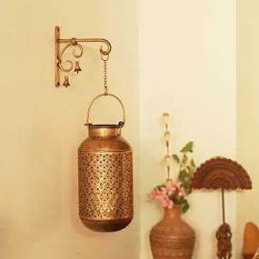 SADHUBELA Iron Brass Lantern (burni lantern: 15 x 32 cm, hanger: 18 x 2 x18 cm, brass chain: 10 cm, brass bells: 2.5 x 4 cm, brass diya: 5.5 x 4.5 cm, Antique Golden)