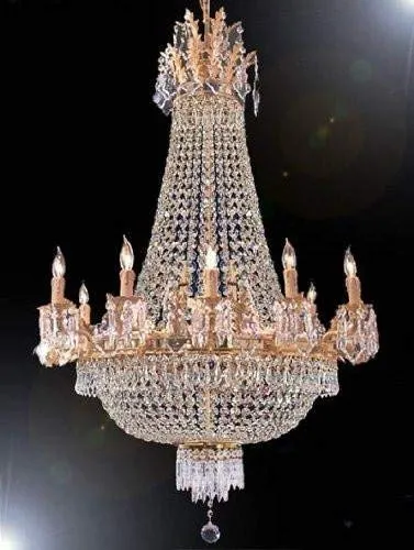 Set of 2-1 French Empire Gold Crystal Chandelier Lighting W 25" H52" 12 Lights and 1 French Empire Gold Crystal Chandelier Lighting 25 x 32, 12 Lights - 1EA C7/1280/8 4   1EA 1280/8 4