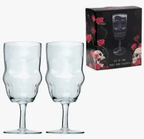 Set of 2 Glass Skull Head Shaped Wine Glasses