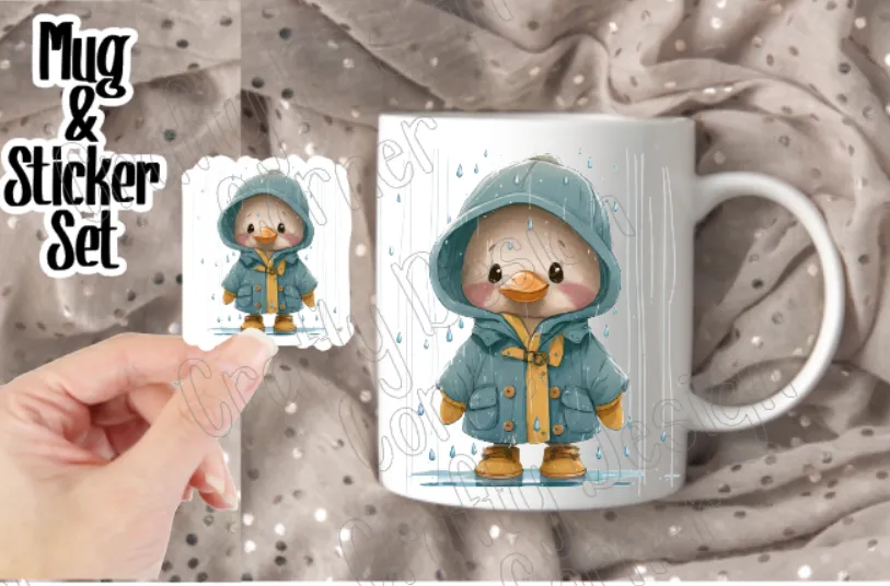 Set Raining Duck Bundle, Mug and Matching Sticker Combo