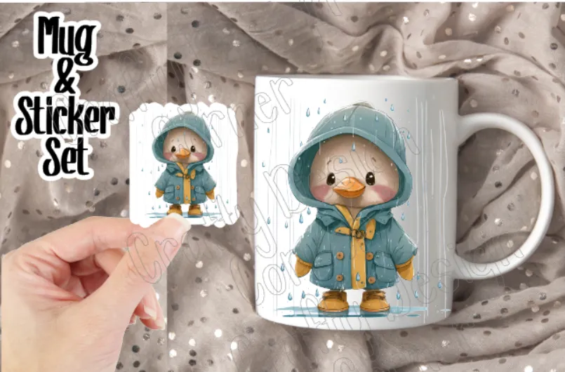 Set Raining Duck Bundle, Mug and Matching Sticker Combo