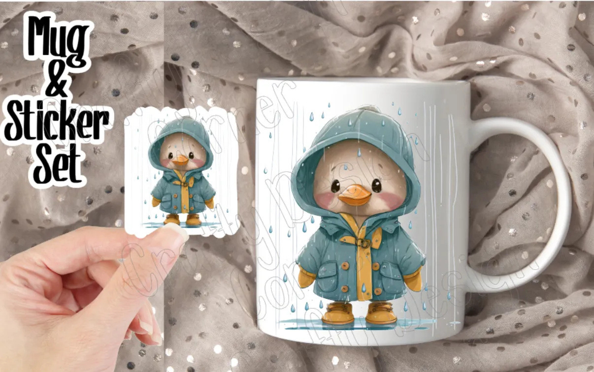 Set Raining Duck Bundle, Mug and Matching Sticker Combo