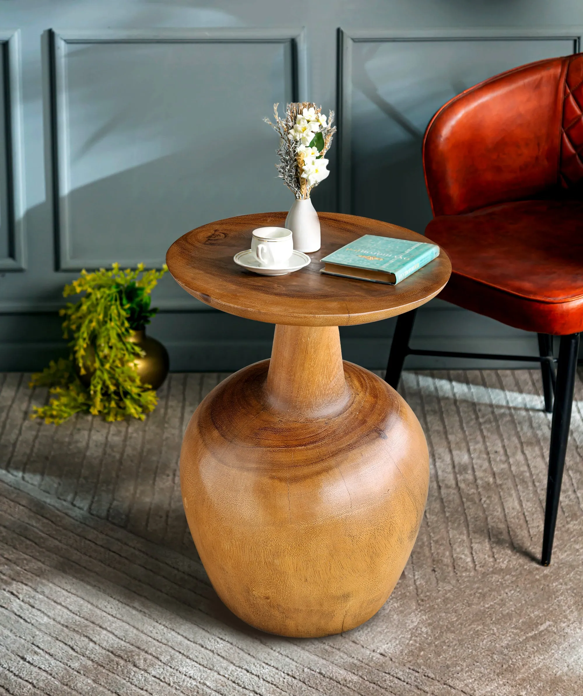 Side table Wine Glass shaped Acacia wood Corner drinks Table, fruit bowl, plant stand -48 cm height