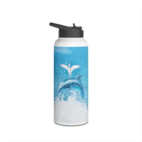 Stainless Steel Water Bottle Flamingo Surfing on Dolphin Fun and Whimsical Design