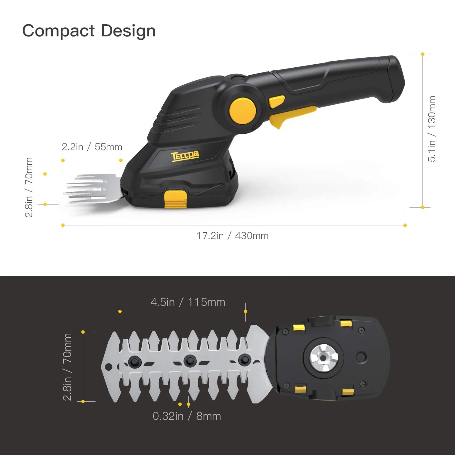 TECCPO Cordless Grass Shear, 3.6V Cordless Shrub Shear and Hedge Trimmer 1.5 Ah, 100min USB Fast Loading and Rotating Handle, Cutting width 70mm - TDGS01G