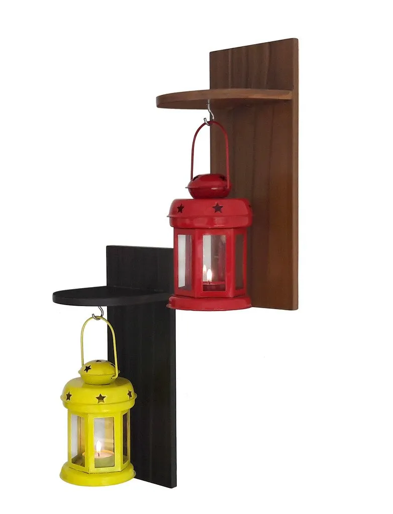 Tied Ribbons Garden Decoration Items Lantern Lamps For Living Room With Wooden Shelve Set Of 2