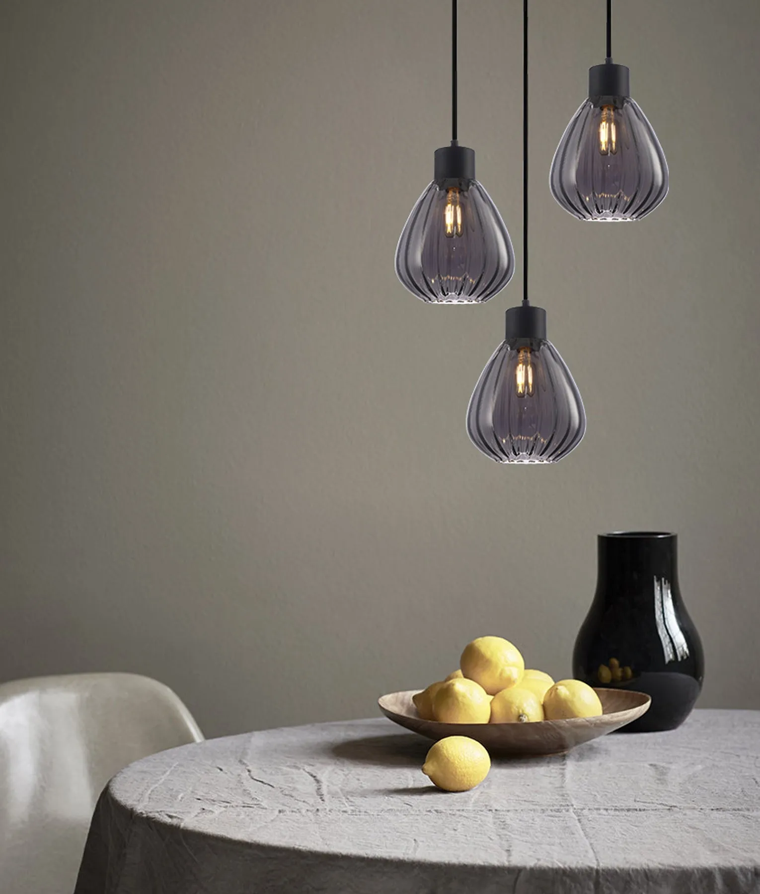 TULIP: Interior Bronze Amber / Smokey Black Wine Glass Ribbed Multiple Round Base Pendant Lights