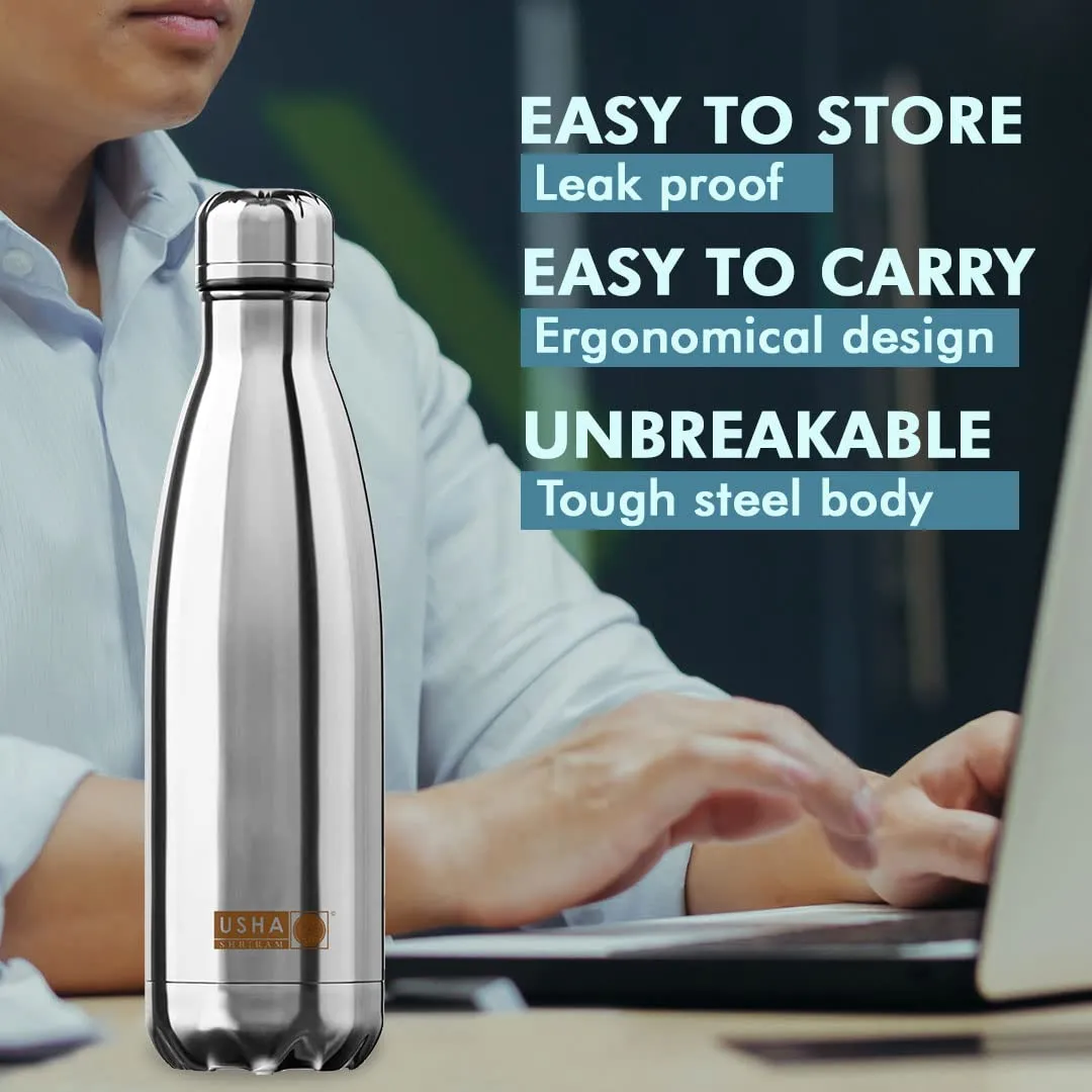 USHA SHRIRAM Insulated Stainless Steel Water Bottle | Hot for 18 Hours, Cold for 24 Hours | Water Bottle for Home, Office & Kids | Rust-Free, Durable & Leak-Proof | Silver (1L, 4)