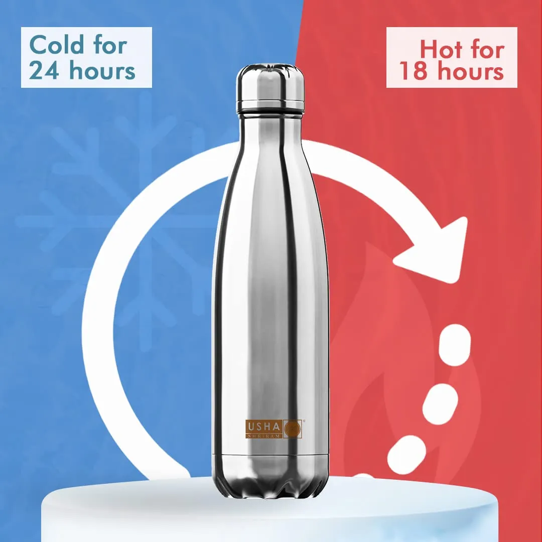 USHA SHRIRAM Insulated Stainless Steel Water Bottle | Hot for 18 Hours, Cold for 24 Hours | Water Bottle for Home, Office & Kids | Rust-Free, Durable & Leak-Proof | Silver (1L, 4)