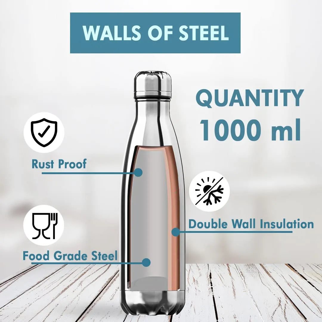 USHA SHRIRAM Insulated Stainless Steel Water Bottle | Hot for 18 Hours, Cold for 24 Hours | Water Bottle for Home, Office & Kids | Rust-Free, Durable & Leak-Proof | Silver (1L, 4)