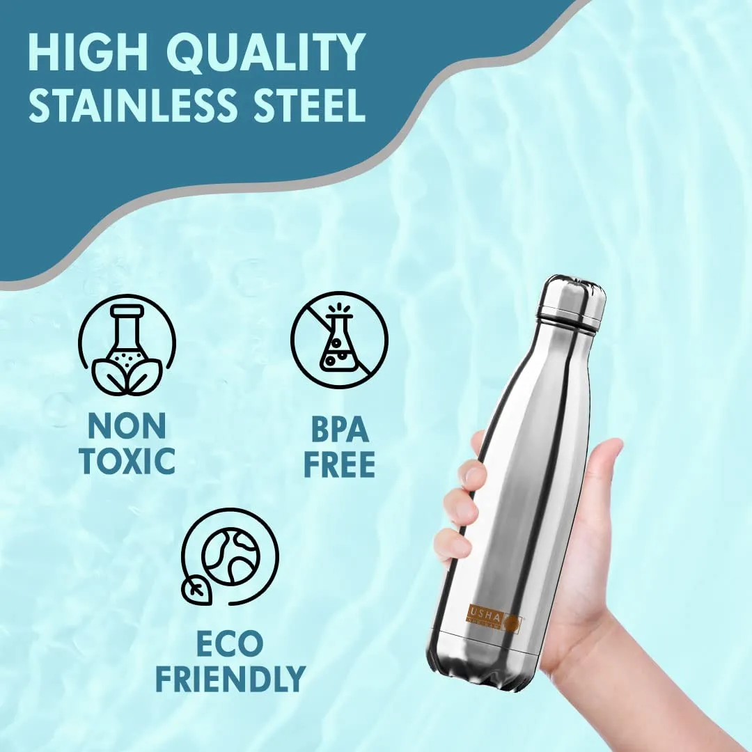 USHA SHRIRAM Insulated Stainless Steel Water Bottle | Hot for 18 Hours, Cold for 24 Hours | Water Bottle for Home, Office & Kids | Rust-Free, Durable & Leak-Proof | Silver (500ml, 6)