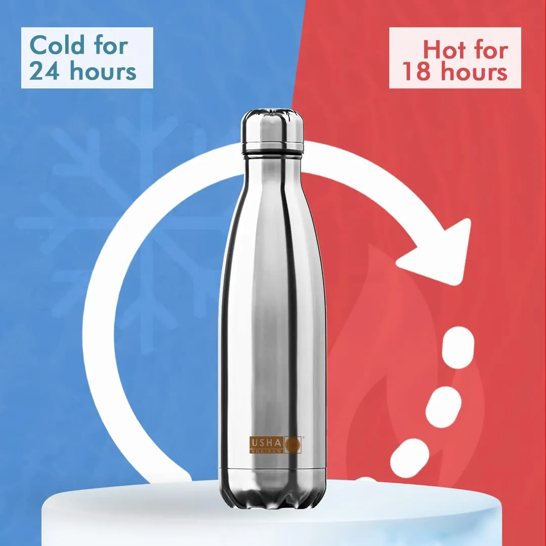 USHA SHRIRAM Insulated Stainless Steel Water Bottle | Hot for 18 Hours, Cold for 24 Hours | Water Bottle for Home, Office & Kids | Rust-Free, Durable & Leak-Proof | Silver (500ml, 6)