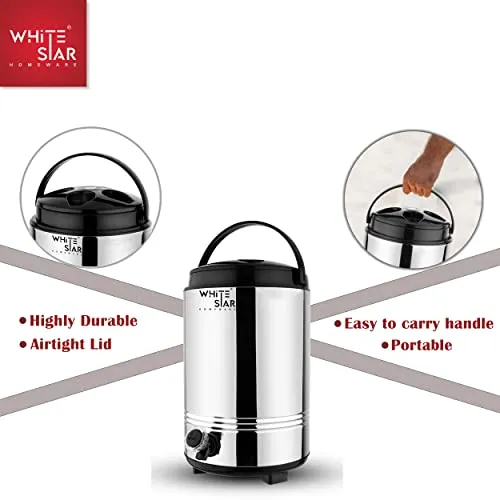 WHITESTAR Stainless Steel Water Containers with Tap for Office Home Kitchen (10 Liters, Silver) Easy to Carry Handle, Lightweight & Highly Durable - Hot and Cold Water Jug Upto 4-5 Hours