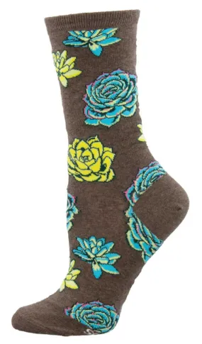 Women's Succulents Crew Sock -Brown