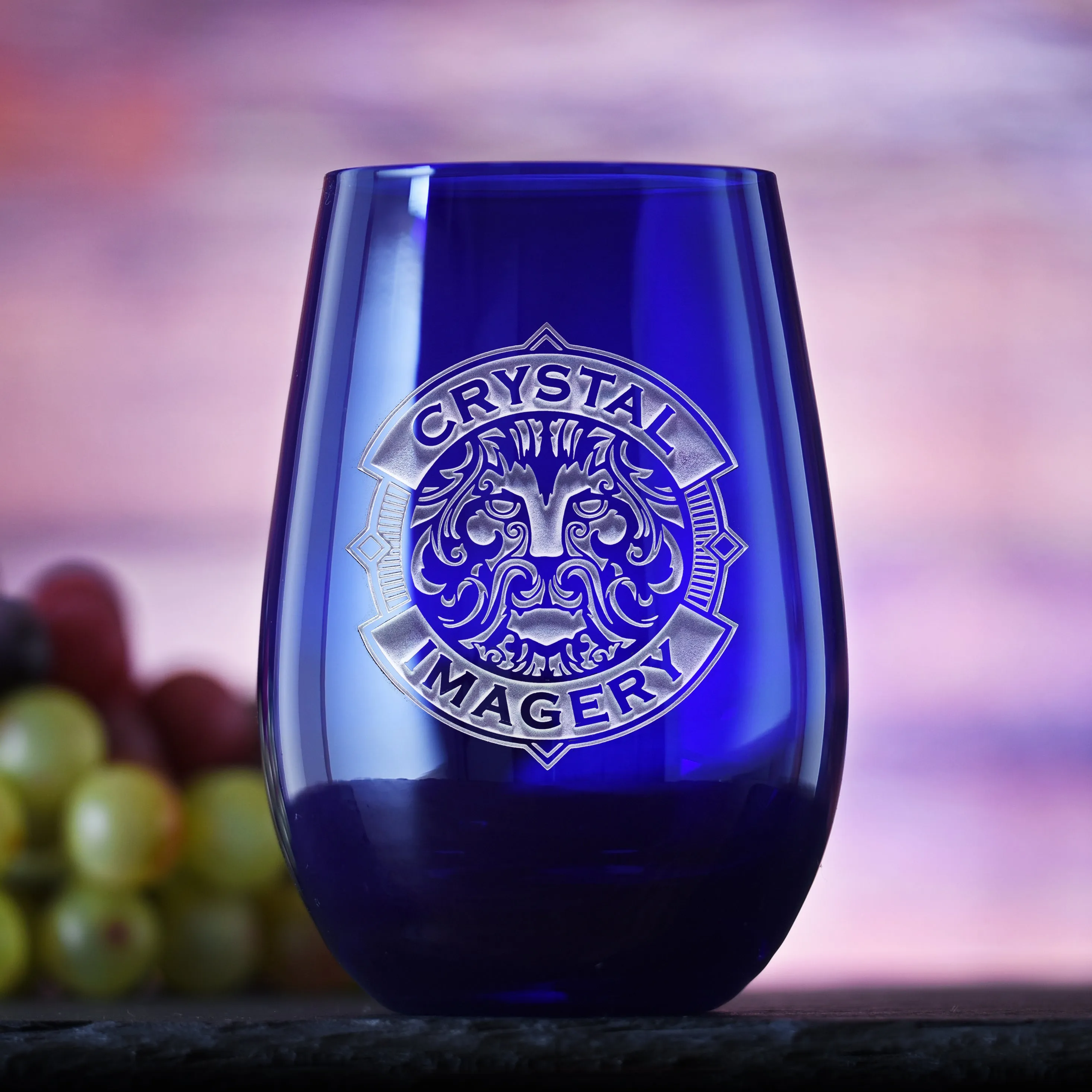 Your Logo Engraved Blue Stemless Wine Glass by Crystal Imagery