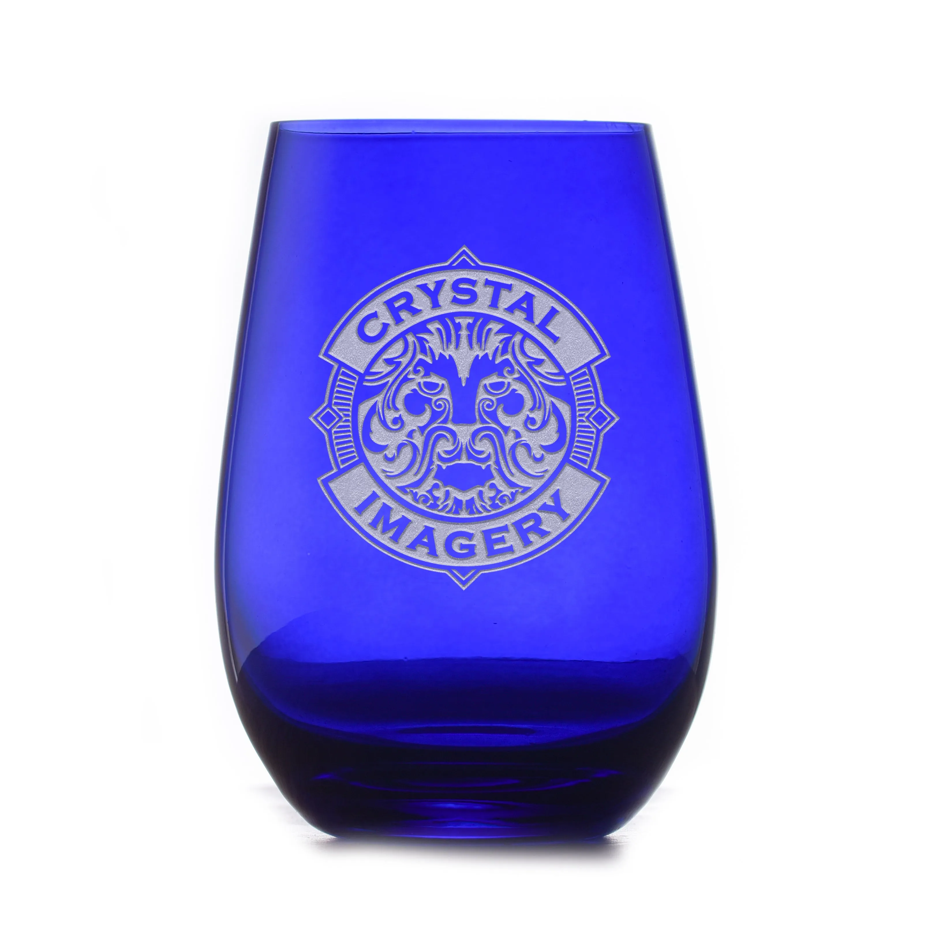 Your Logo Engraved Blue Stemless Wine Glass by Crystal Imagery